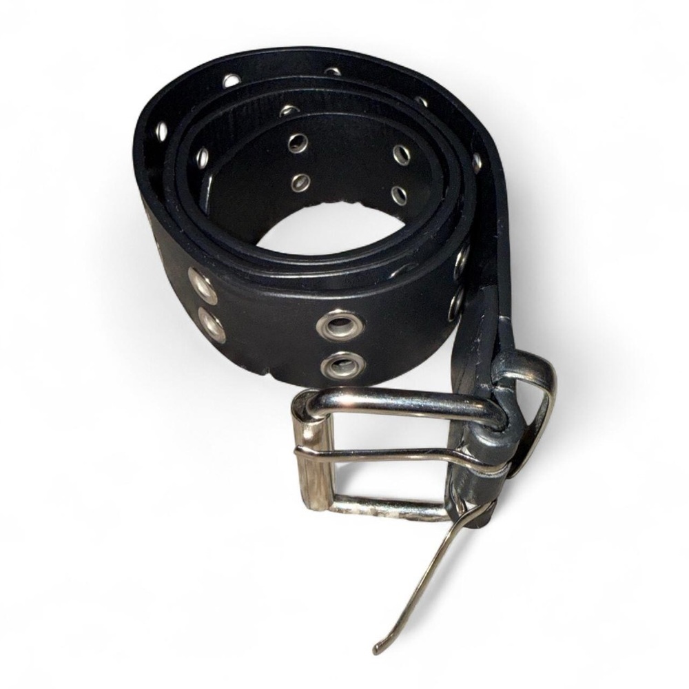 Black leather belt with silver hardware